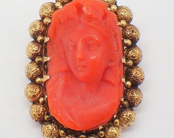 Carved Coral Cameo Brooch 14K Gold Beaded Frame