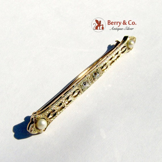 Edwardian Bar Pin Brooch 14 K White Yellow Gold D… - image 5