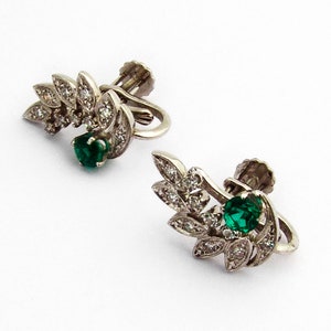 Foliate Emerald Earrings Diamonds 14 K White Gold Screw Backs