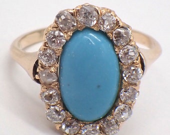 Antique Diamond Halo Ring 14K Rose Gold Turquoise Imitation Stone