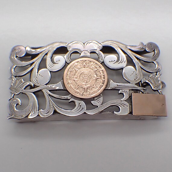 Open Work Belt Buckle Mayan Calendar Sterling Sil… - image 1