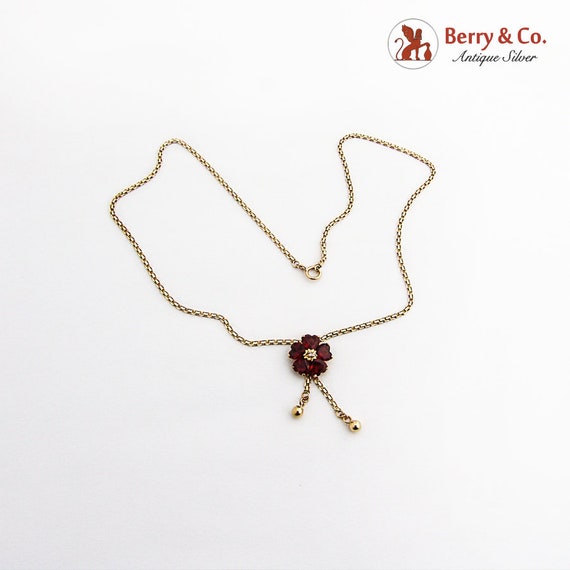 Garnet Flower Pendant Chain Necklace 14 K Yellow … - image 2