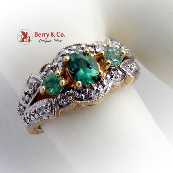 Ornate Green Tourmaline Ring Diamonds Floral Accen