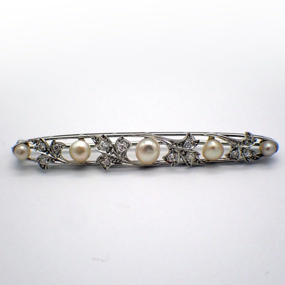Edwardian Floral Bar Brooch Diamonds Pearls 18K W… - image 1