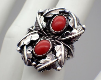 Navajo Coral Ring Leaf Design Sterling Silver