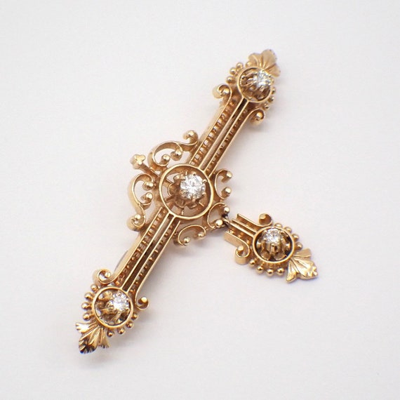 Ornate Bar Pin Brooch Diamonds 14K Gold - image 2