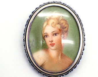 Pendentif broche portrait peint à la main en argent 800