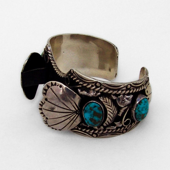 Tribal Cuff Bracelet Watchband Turquoise Sterling… - image 2