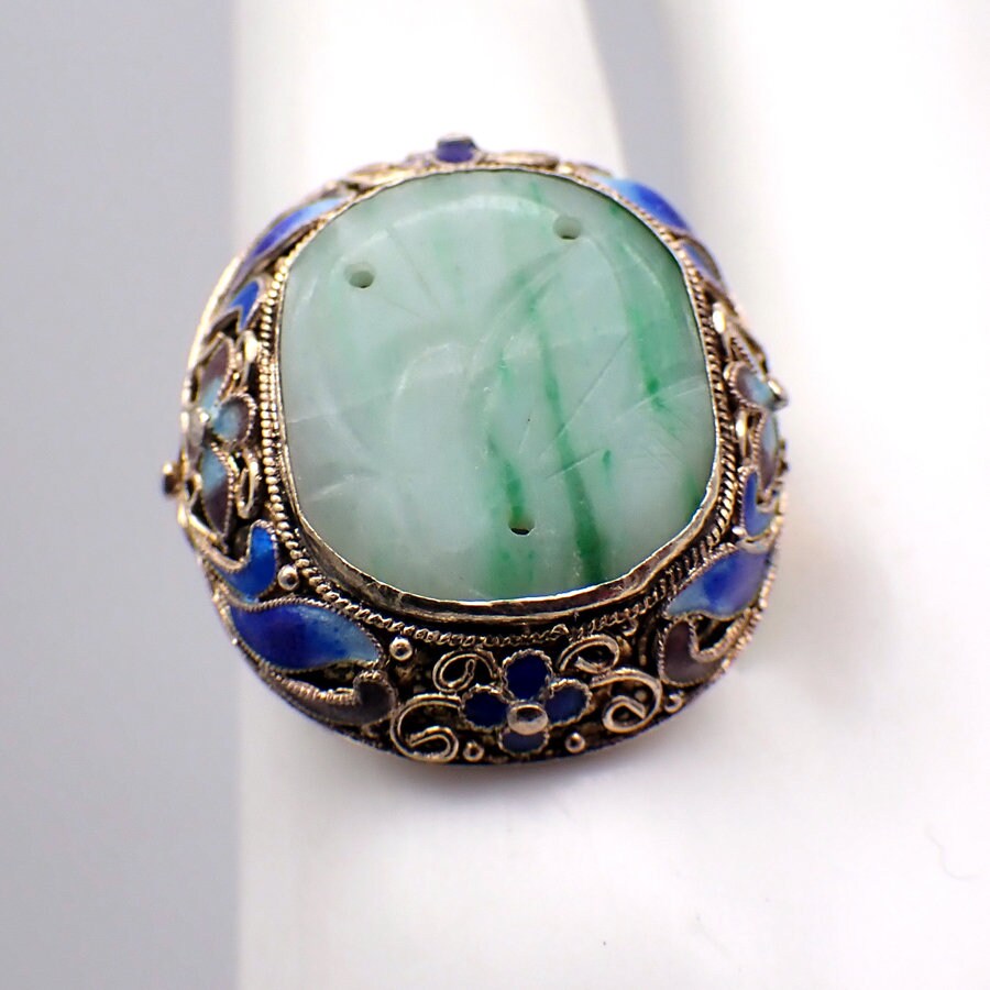 Chinese Green Jade Filigree Ring Floral Enamel Vermeil Silver
