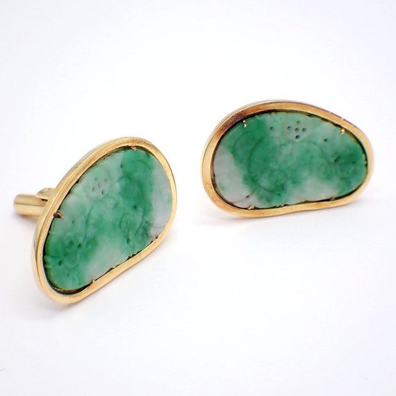 Carved Green Jade Cufflinks 14K Yellow Gold - image 1