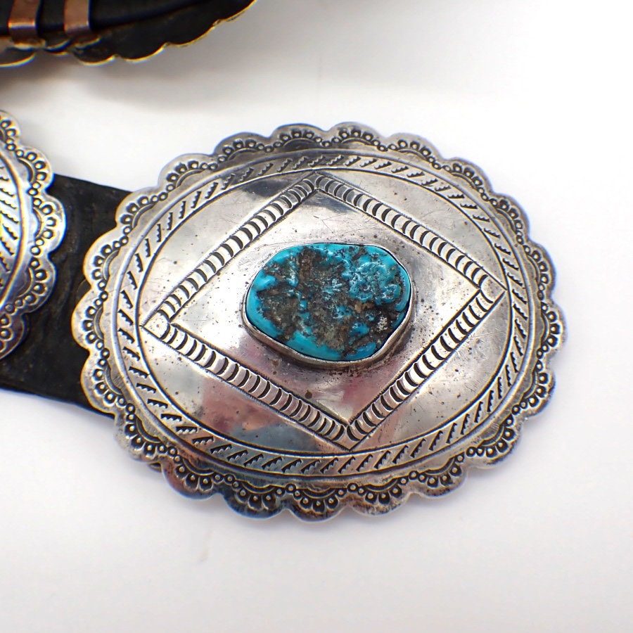 Navajo Concho Belt Sterling Silver Turquoise Leather Freddie Navajo Concho Belt Sterling Silver Turquoise Leather Freddie