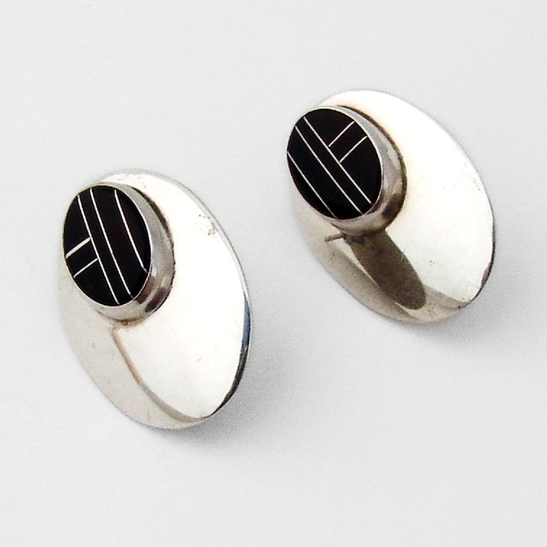 Zuni Oval Earrings Onyx Inlay Sterling Silver Signed