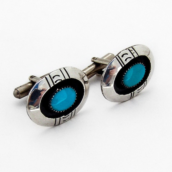 Hopi Oval Shadow Box Cufflinks Turquoise Imitation Sterling Silver