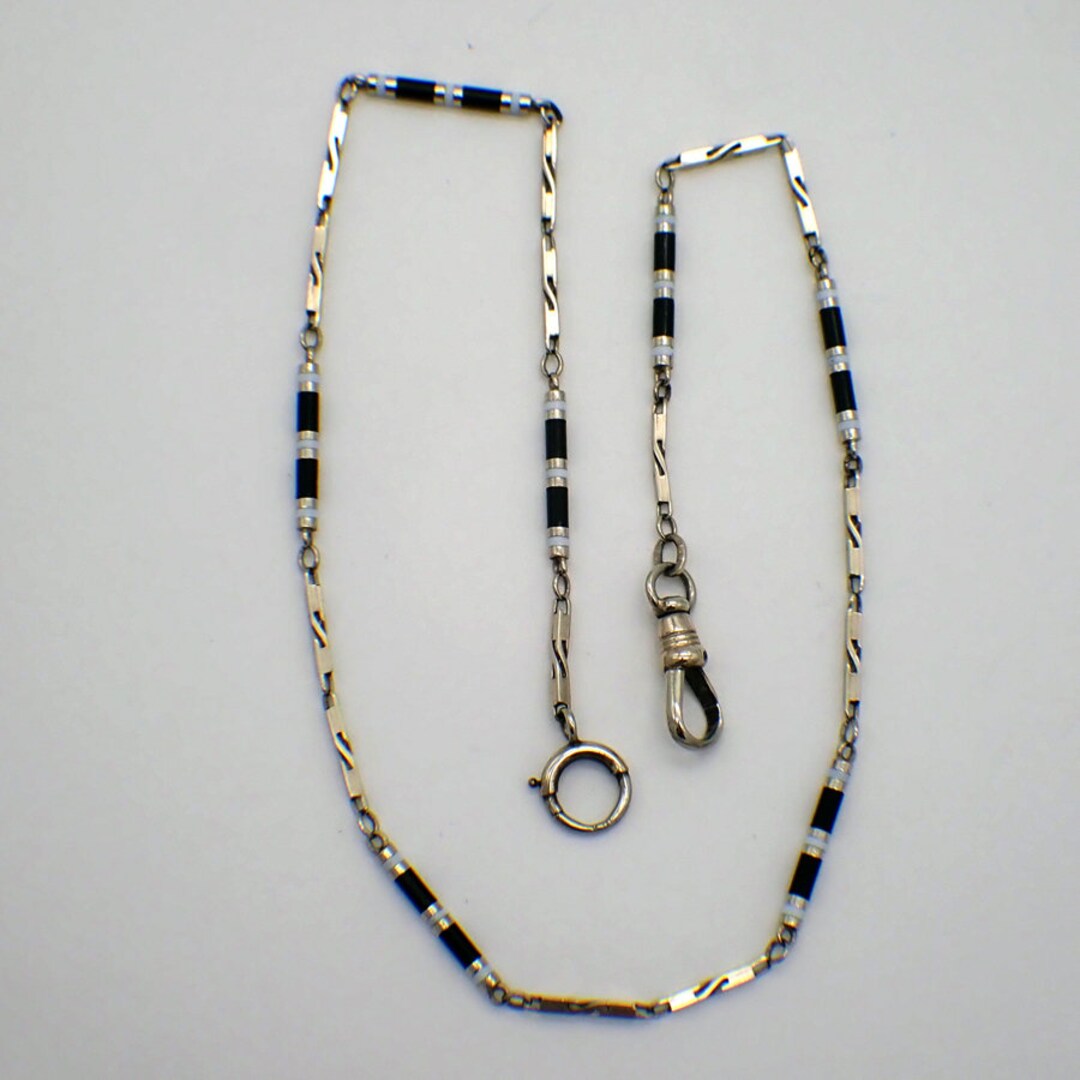 Art Deco Pocket Watch Chain White Black Enamel 14K White Gold Etsy
