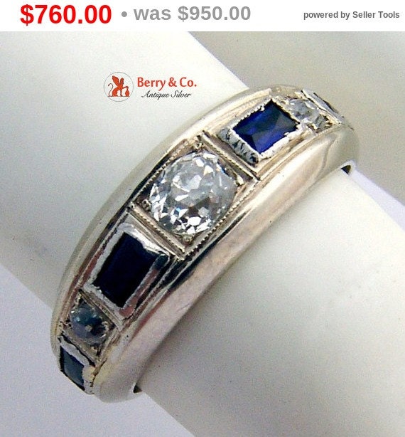 Art Deco Band Ring Diamonds Sapphire 18 K White Go