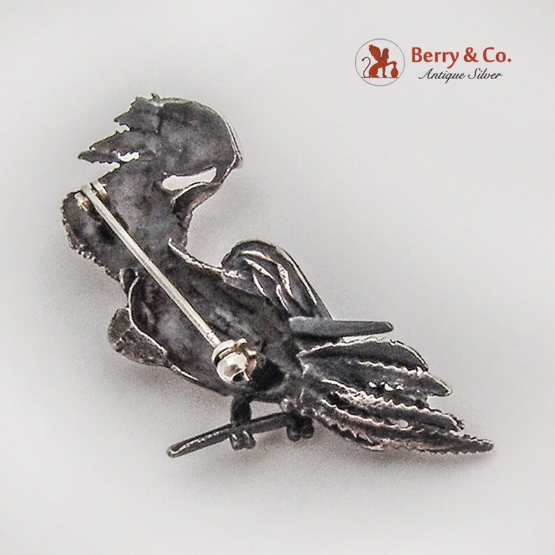 Figural Tucan Bird Brooch Red Glass Eye Sterling Silver