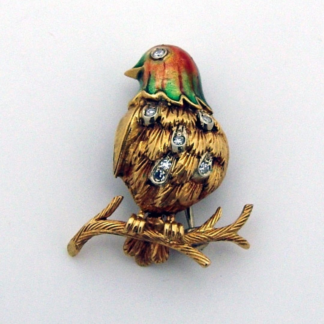 鳥のブローチ 18K ゴールド ダイヤモンドアクセント マルチカラー