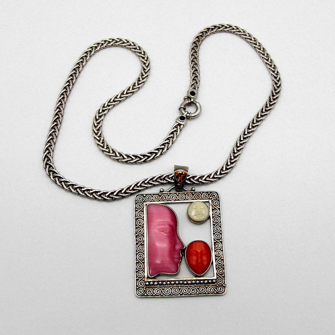 Sajen Hand Carved Face Pendant Chain Necklace Sterling Silver Etsy