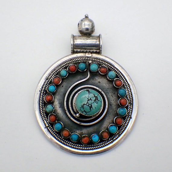 Round Pendant Turquoise Coral Beads Sterling Silve