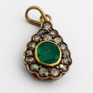 Georgian Emerald Pendant Rose Cut Diamonds Silver 18K Gold