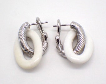 Judith Ripka Oval Drop Earrings White Ceramic Sterling Silver Italy