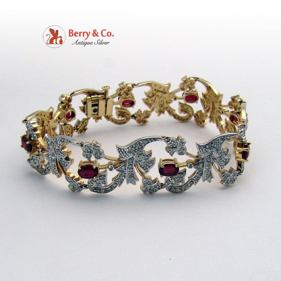 Diamond and Ruby Ornate Openwork Floral Bracelet … - image 2