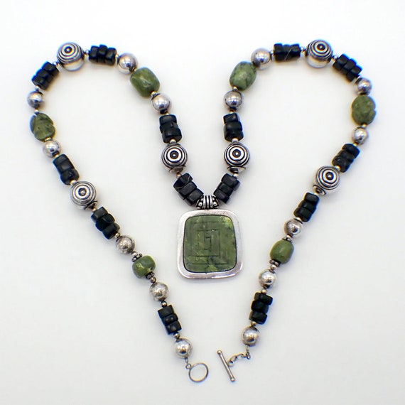 Carved Stone Bead Necklace Sterling Silver