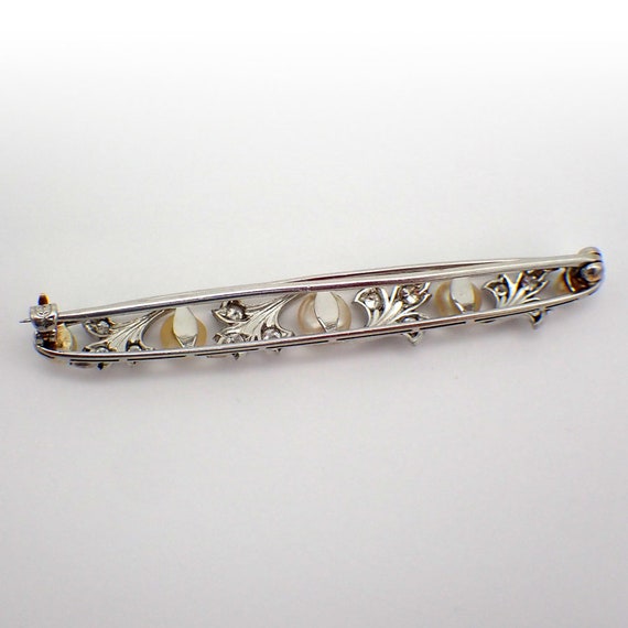 Edwardian Floral Bar Brooch Diamonds Pearls 18K W… - image 3