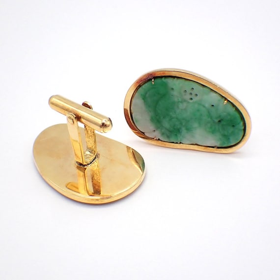 Carved Green Jade Cufflinks 14K Yellow Gold - image 2