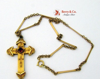 Victorian Cross Pendant Necklace 14 K Gold Garnet