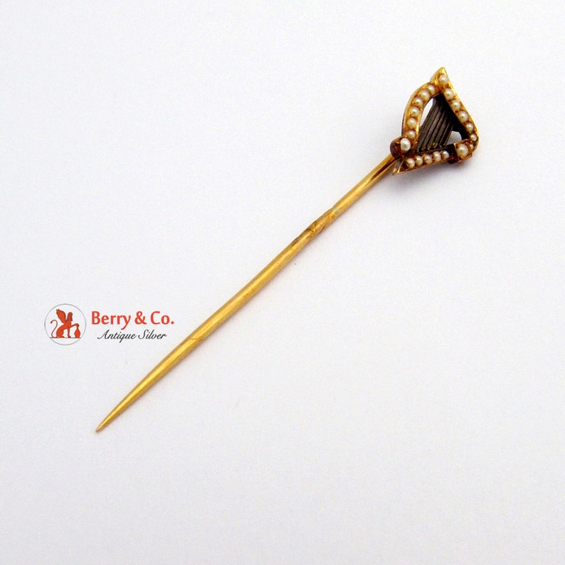 Antique Victorian Seed Pearl 14K Yellow Gold Harp Decorated Gentlemans Stick Pin
