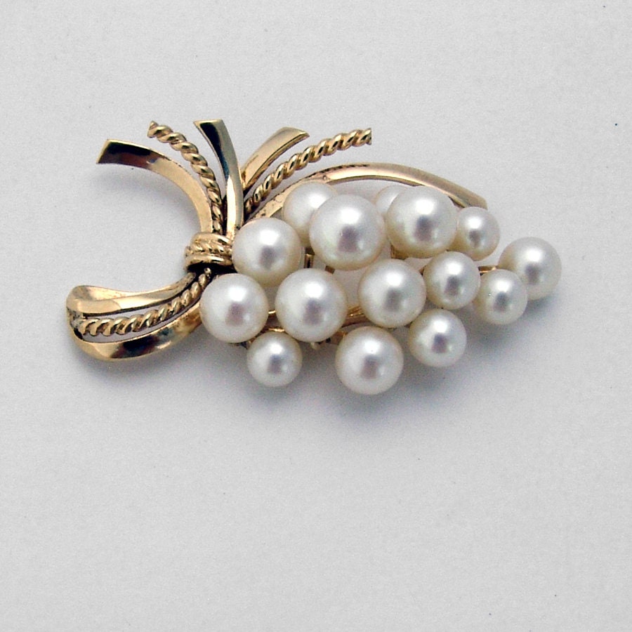 Mikimoto Cultured Pearl Floral Brooch 14k Yellow Gold Statement