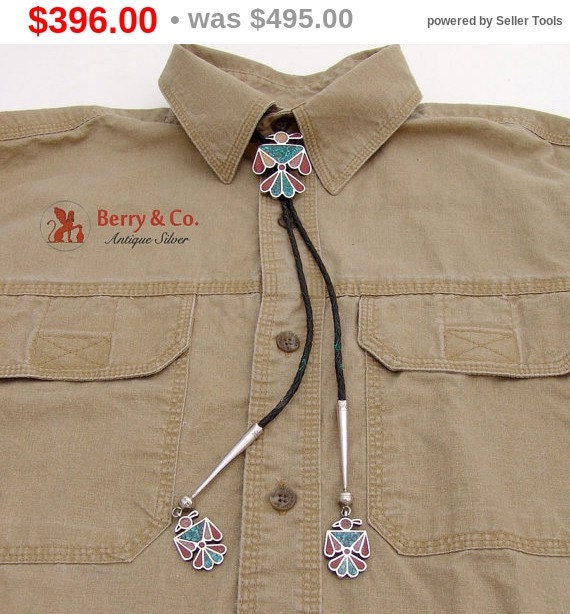 SaLe! sALe! Figural Stylized Bird Bolo Tie Chip Inlay Matching Tips Sterling Silver