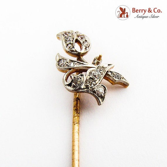Art Nouveau Floral Diamond Stick Pin 14K Gold 1900 - image 2