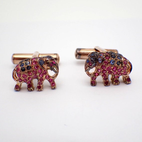 Elephant Cufflinks 9K Rose Gold Ruby Sapphire