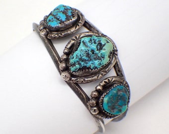 Navajo Three Stone Turquoise Cuff Bracelet Sterling Silver