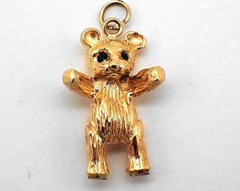 Teddy Bear Charm 14K Yellow Gold Green Eyes