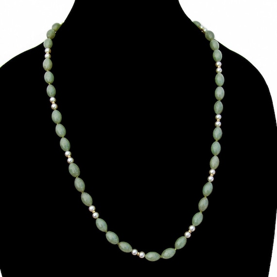 Pale Green Jadeite Jade Necklace Cultured Pearls … - image 2