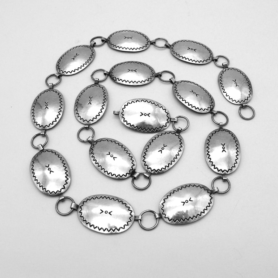 Silver Concho Link Belt Navajo Style Oval Stamped Medallion Chain Adjustable 36\