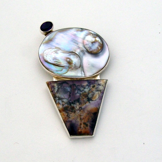 Navajo Pendant Brooch Sterling Silver MOP Agate A… - image 1