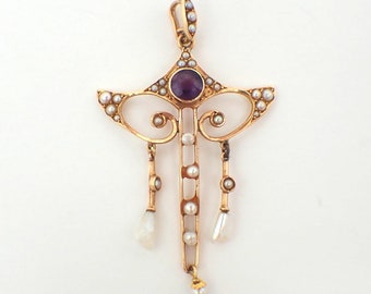 Art Nouveau Pendant Amethyst Seed Pearls 14K Gold