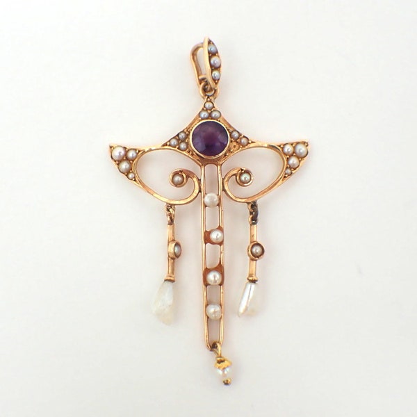 Art Nouveau Pendant Amethyst Seed Pearls 14K Gold