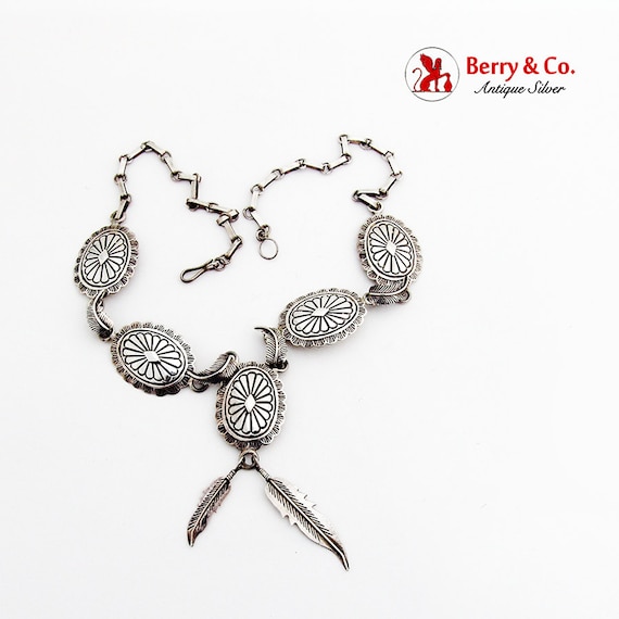 Concho Feather Link Necklace Feather Drops Sterlin