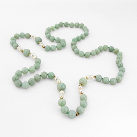 Pale Green Jade Necklace Cultured Pearls Gold Bea… - image 1