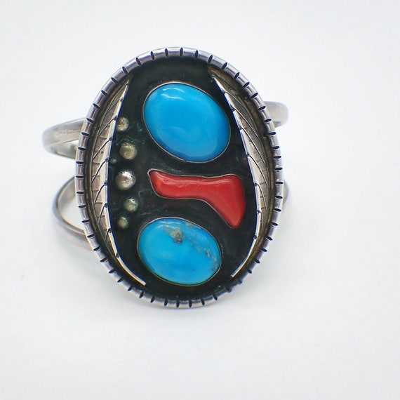 Shadow Box Cuff Bracelet Turquoise Coral Sterling… - image 1