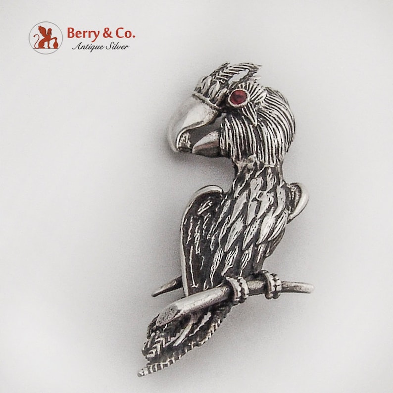 Figural Tucan Bird Brooch Red Glass Eye Sterling Silver
