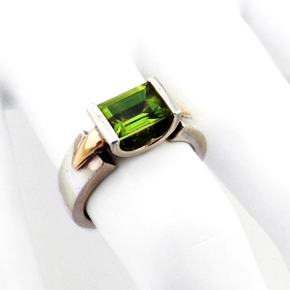 Modernist Peridot Ring Sterling Silver 18K Gold