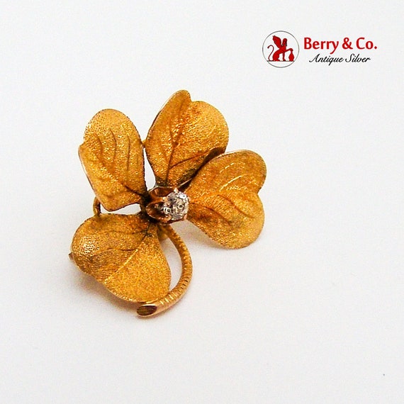 Four Leaf Clover Brooch Diamond Accent 10 K Yello… - image 1