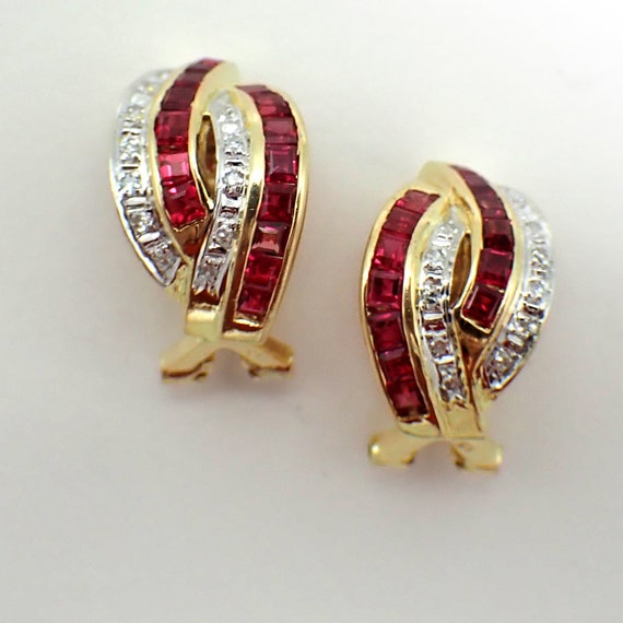 Ruby Diamond Omega Earrings 18K Yellow Gold - image 2