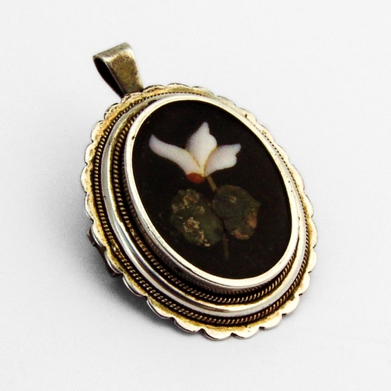 Pietra Dura Pendant Brooch 800 Silver Onyx Gemston